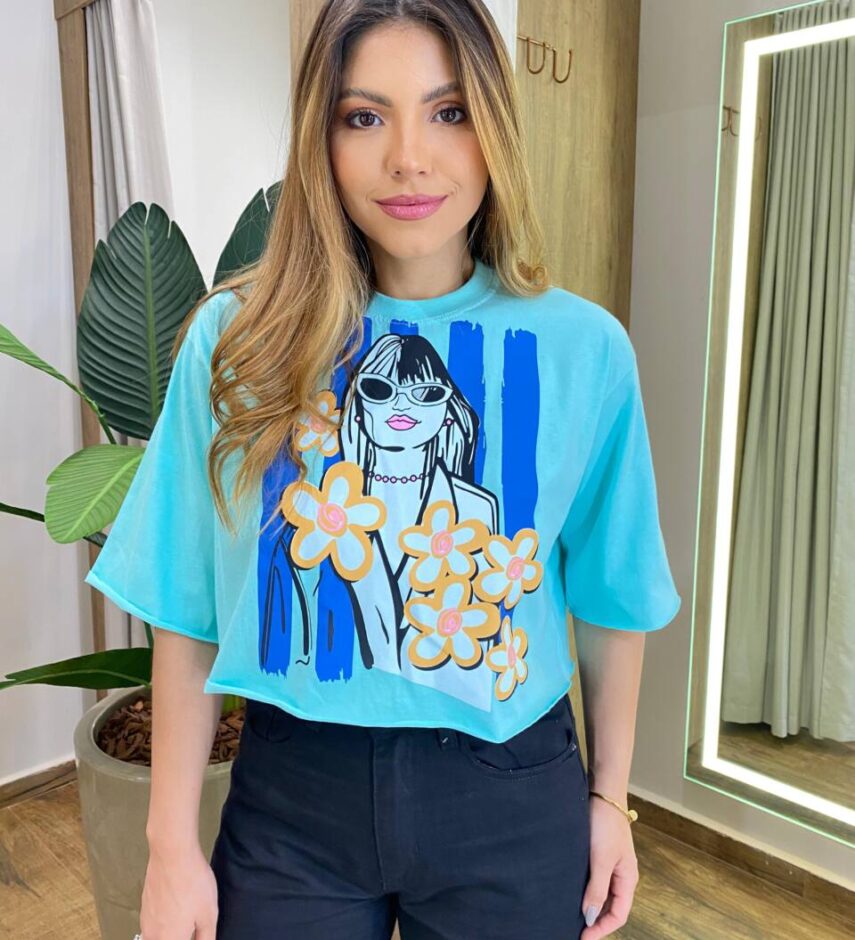 Cropped Feminino Manga Curta Alana Estampado Verde Água - Fernanda Ramos Store