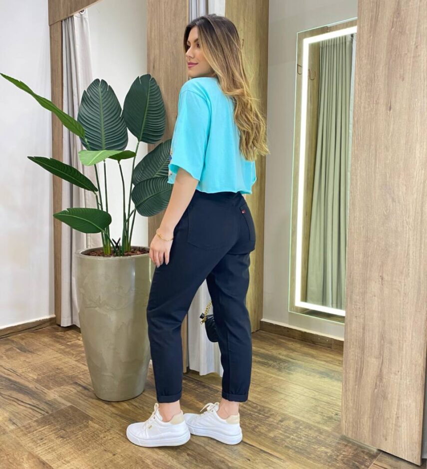 Cropped Feminino Manga Curta Alana Estampado Verde Água - Fernanda Ramos Store
