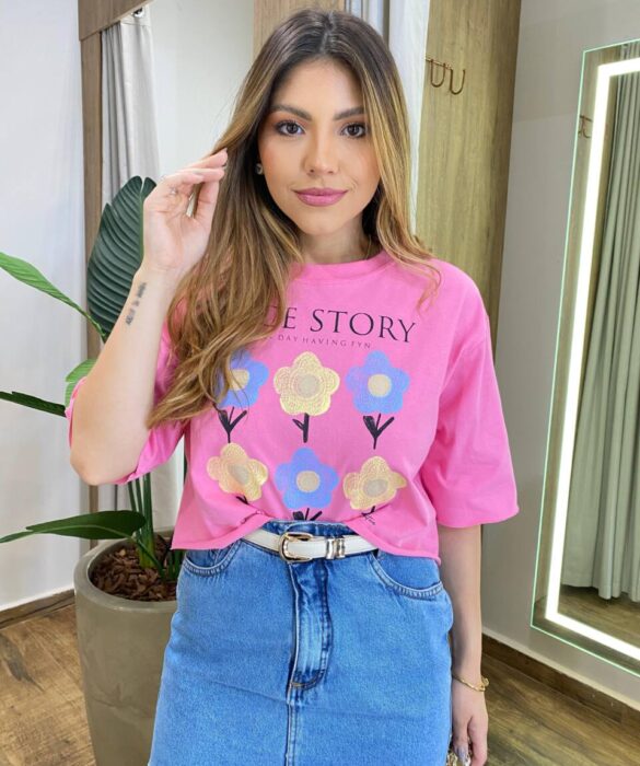 Cropped Feminino Manga Curta Betina Rosa com Estampa Floral - Fernanda Ramos Store