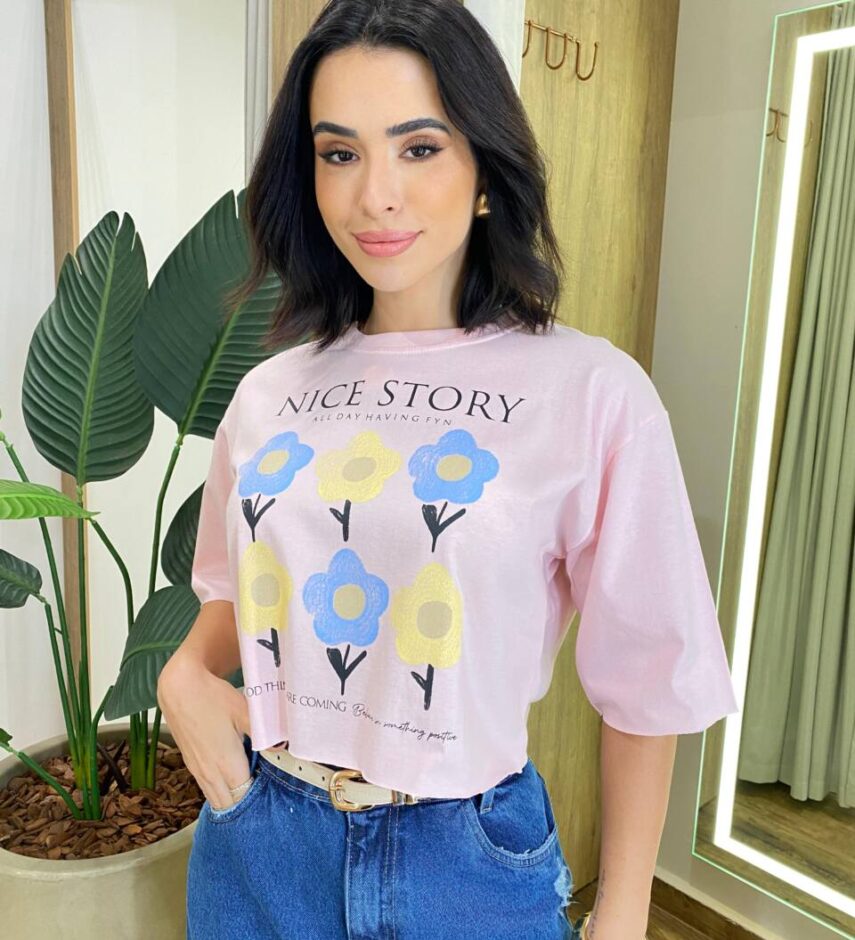 Cropped Feminino Manga Curta Betina Rosa com Estampa Floral - Fernanda Ramos Store