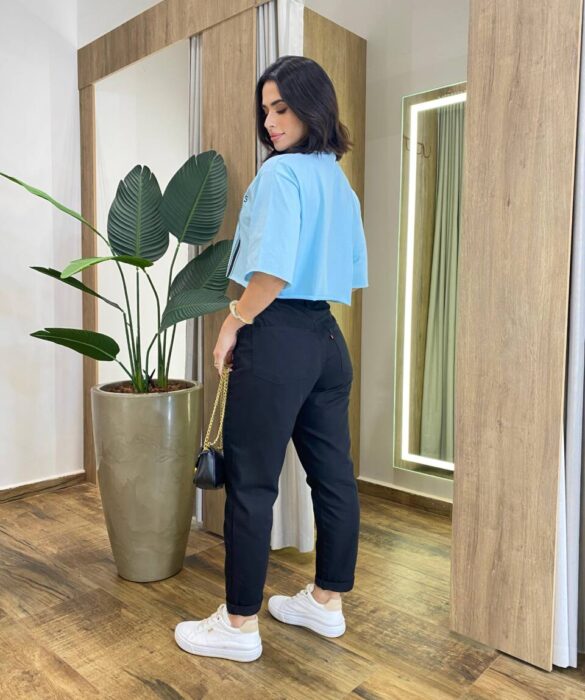 Cropped Feminino Manga Curta Cléo Estampado Azul - Fernanda Ramos Store