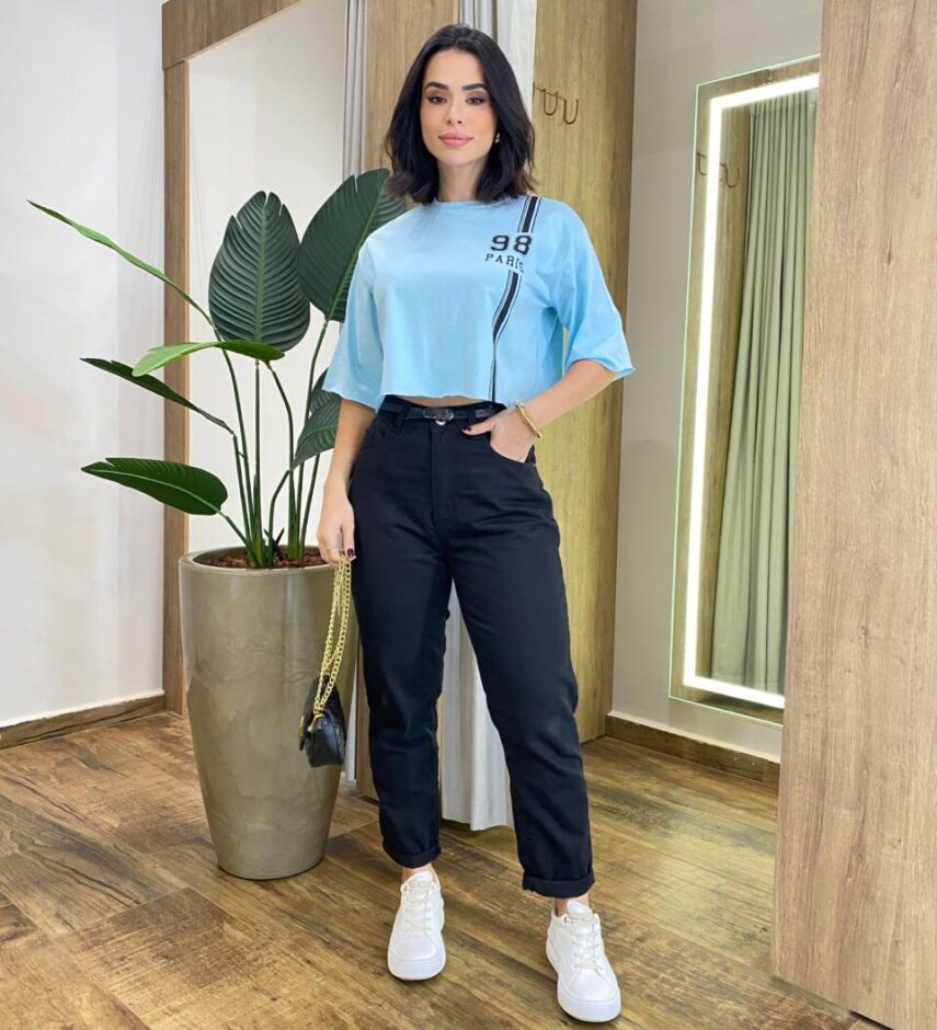 Cropped Feminino Manga Curta Cléo Estampado Azul - Fernanda Ramos Store