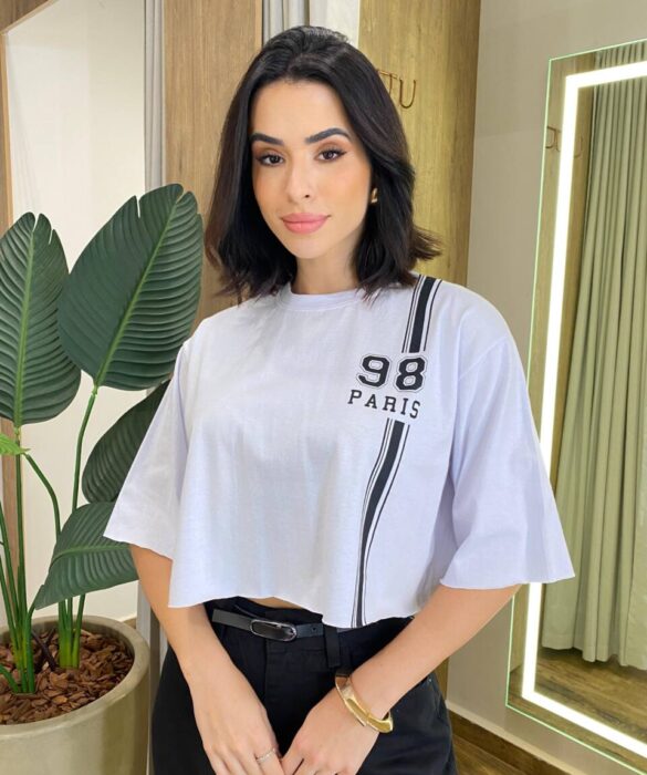 Cropped Feminino Manga Curta Cléo Estampado Branco - Fernanda Ramos Store