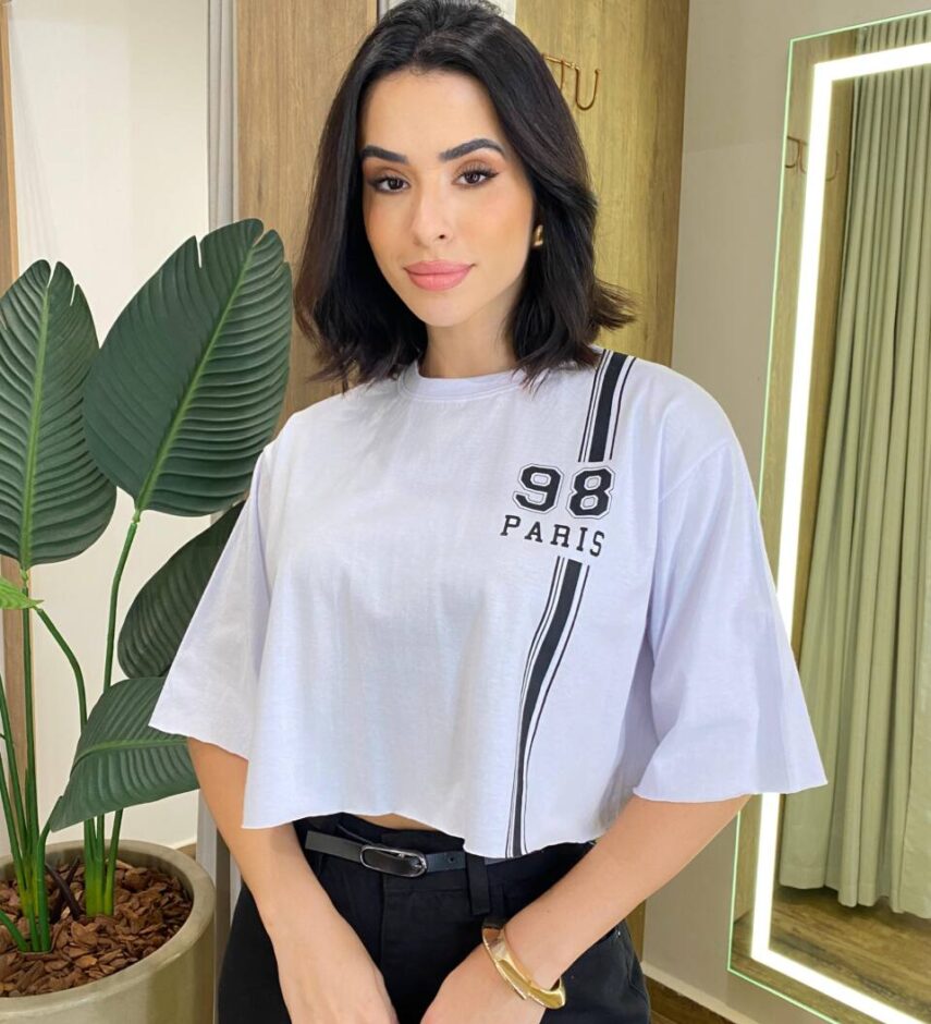 Cropped Feminino Manga Curta Cléo Estampado Branco - Fernanda Ramos Store