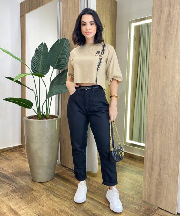 Cropped Feminino Manga Curta Cléo Estampado Caqui - Fernanda Ramos Store