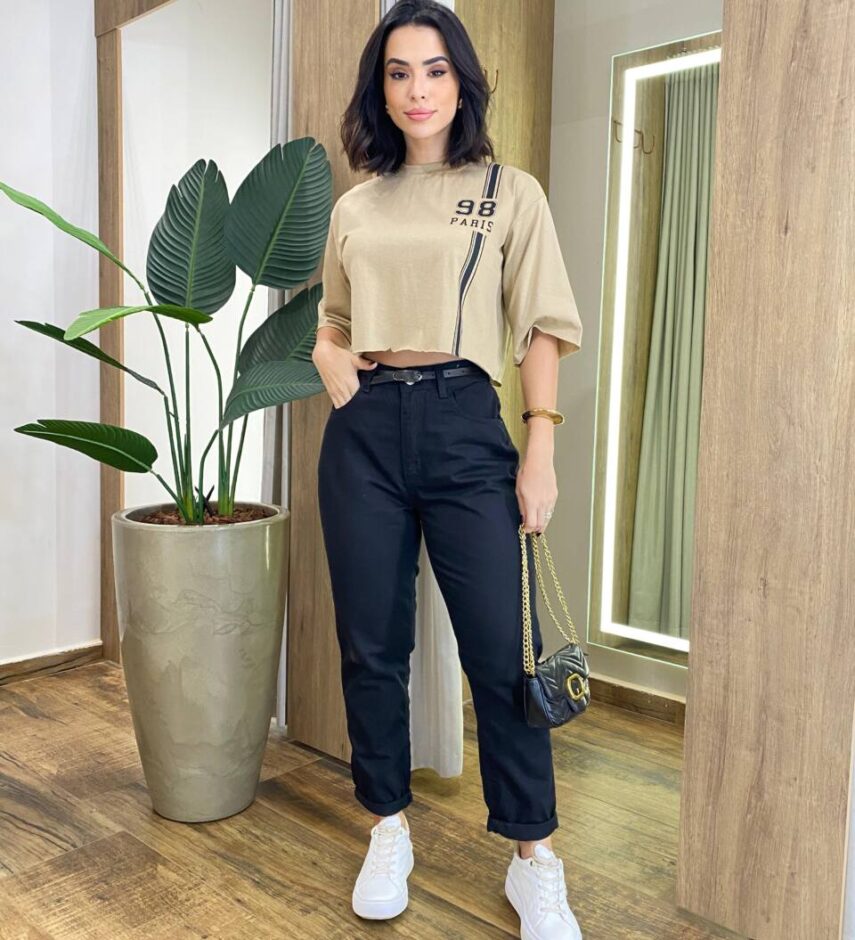 Cropped Feminino Manga Curta Cléo Estampado Caqui - Fernanda Ramos Store
