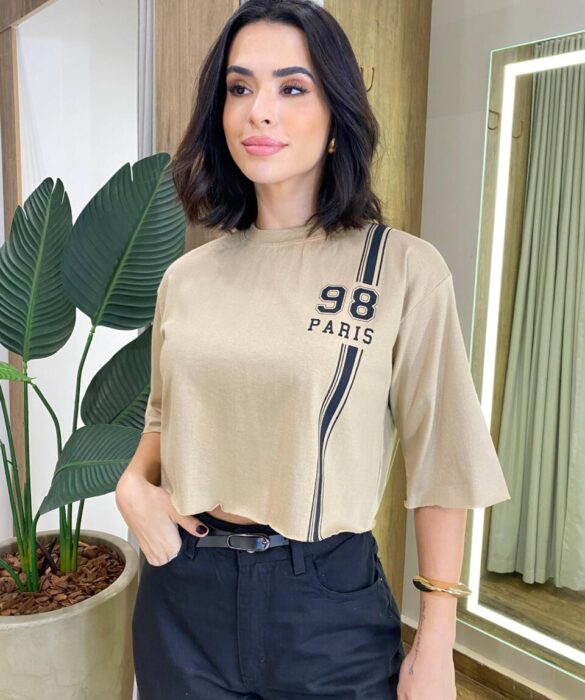 Cropped Feminino Manga Curta Cléo Estampado Caqui - Fernanda Ramos Store