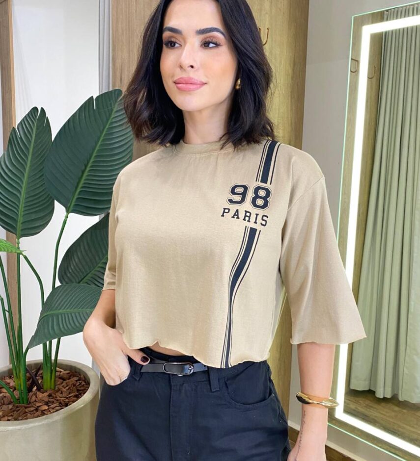 Cropped Feminino Manga Curta Cléo Estampado Caqui - Fernanda Ramos Store