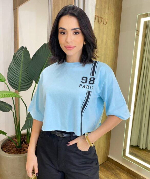 Cropped Feminino Manga Curta Cléo Estampado Azul - Fernanda Ramos Store