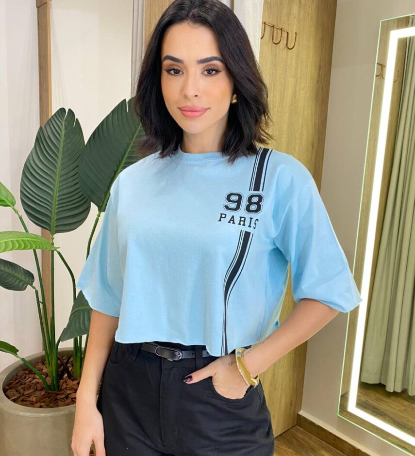Cropped Feminino Manga Curta Cléo Estampado Azul - Fernanda Ramos Store