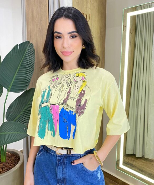 Cropped Feminino Manga Curta Kelly Estampado Amarelo - Fernanda Ramos Store