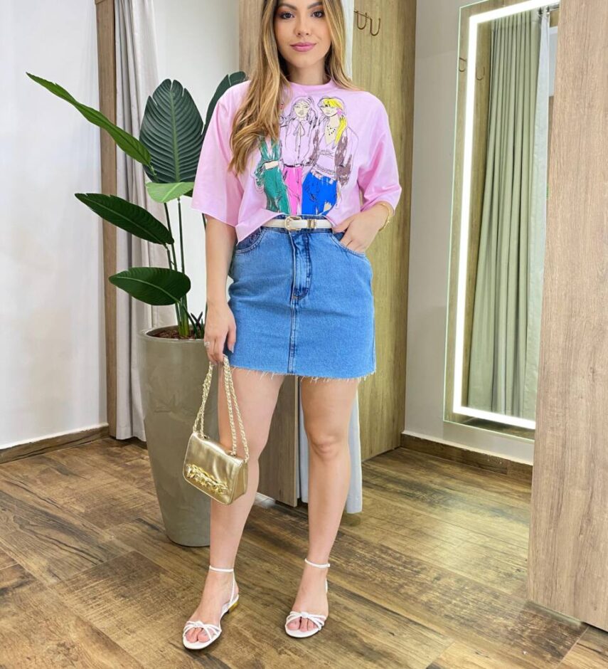 Cropped Feminino Manga Curta Kelly Estampado Rosa - Fernanda Ramos Store