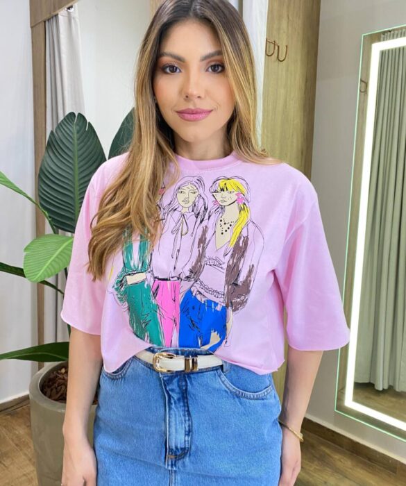 Cropped Feminino Manga Curta Kelly Estampado Rosa - Fernanda Ramos Store