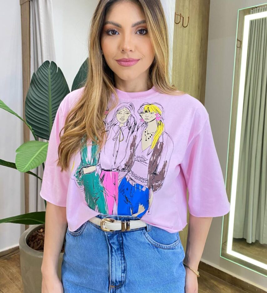 Cropped Feminino Manga Curta Kelly Estampado Rosa - Fernanda Ramos Store