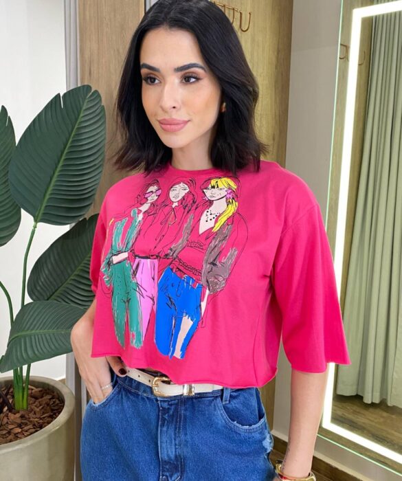 Cropped Feminino Manga Curta Kelly Estampado Pink - Fernanda Ramos Store