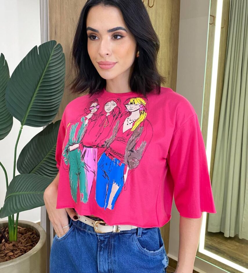 Cropped Feminino Manga Curta Kelly Estampado Pink - Fernanda Ramos Store