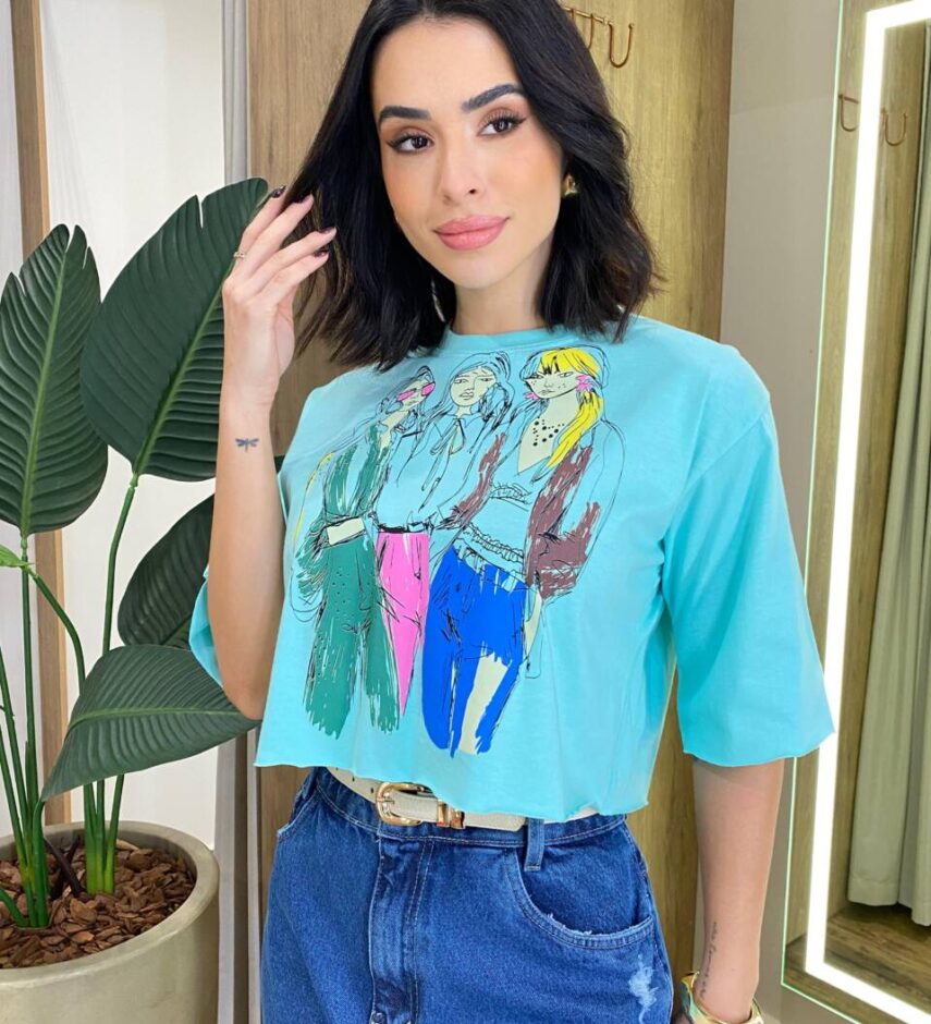 Cropped Feminino Manga Curta Kelly Estampado Verde Água - Fernanda Ramos Store