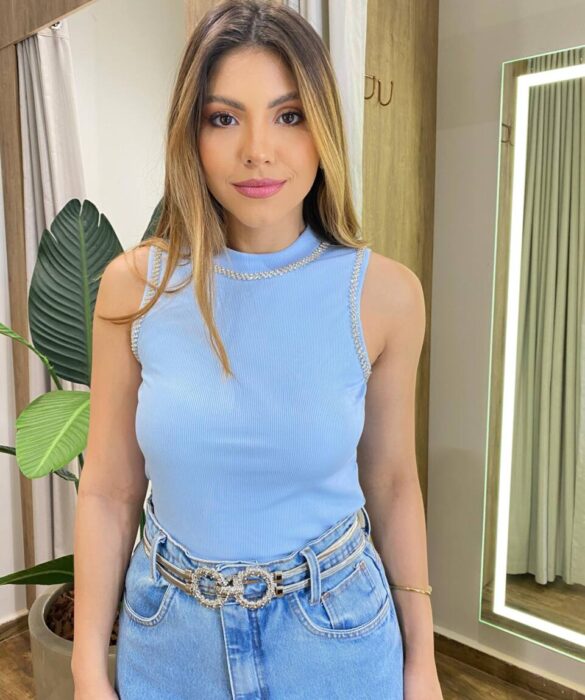 Cropped Feminino Modal Diana com Aplicações Azul - Fernanda Ramos Store