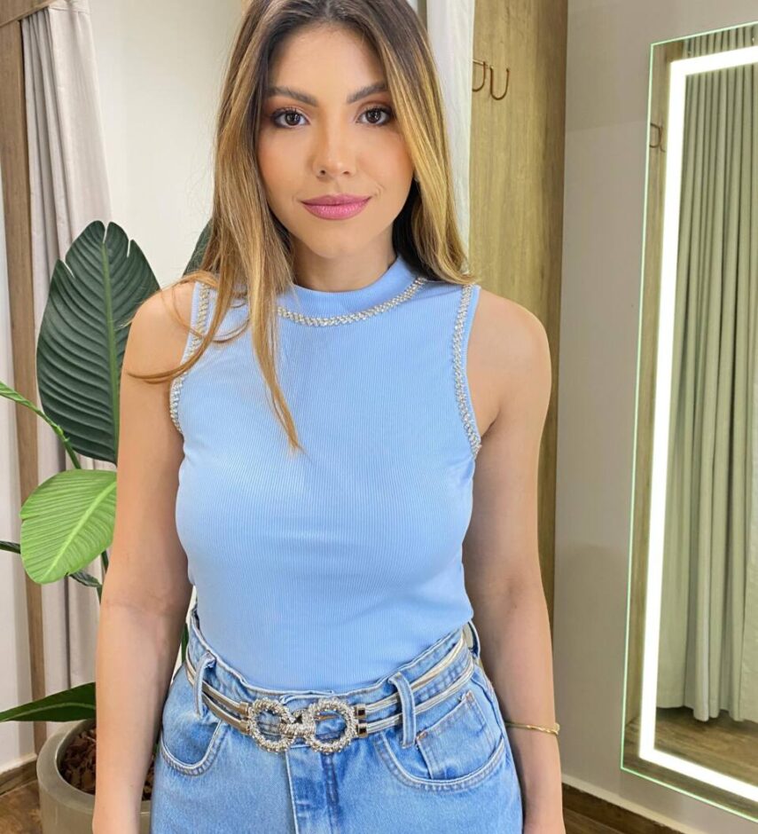 Cropped Feminino Modal Diana com Aplicações Azul - Fernanda Ramos Store