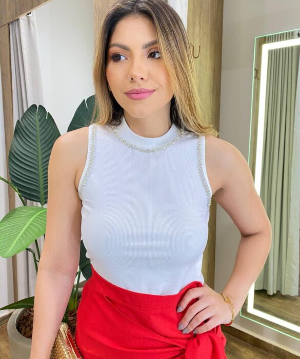 Cropped Feminino Modal Diana com Aplicações Branco - Fernanda Ramos Store