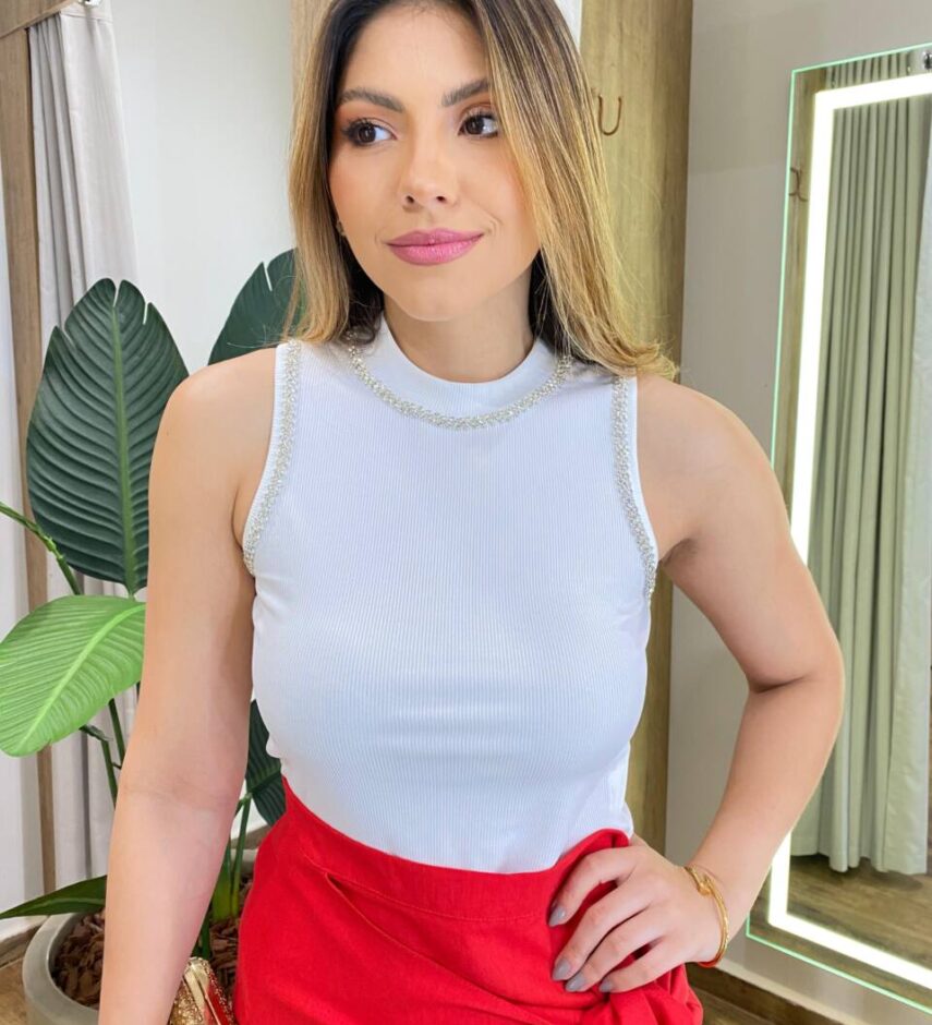 Cropped Feminino Modal Diana com Aplicações Branco - Fernanda Ramos Store