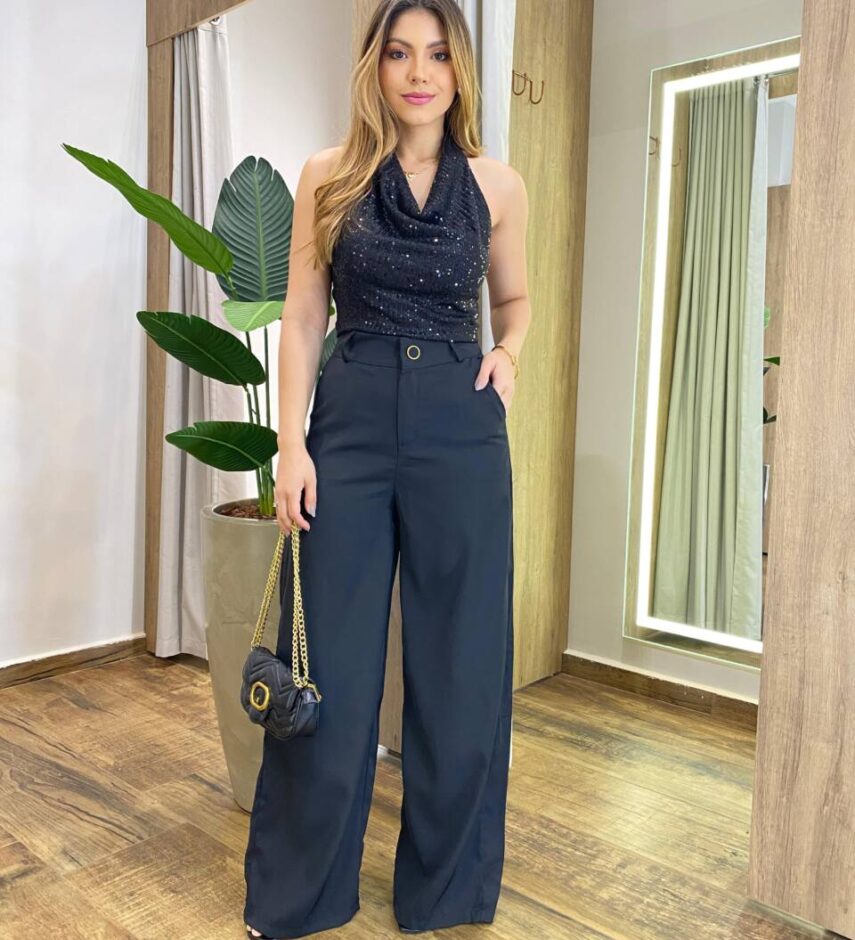 Cropped Feminino Paetê Serena com Bojo Preto - Fernanda Ramos Store