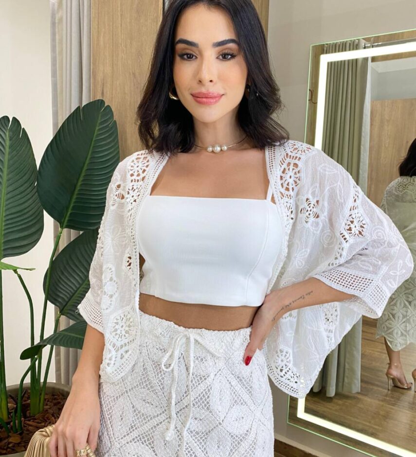 Kimono Feminino Curto Bianca Laise Bordado Off White - Fernanda Ramos Store