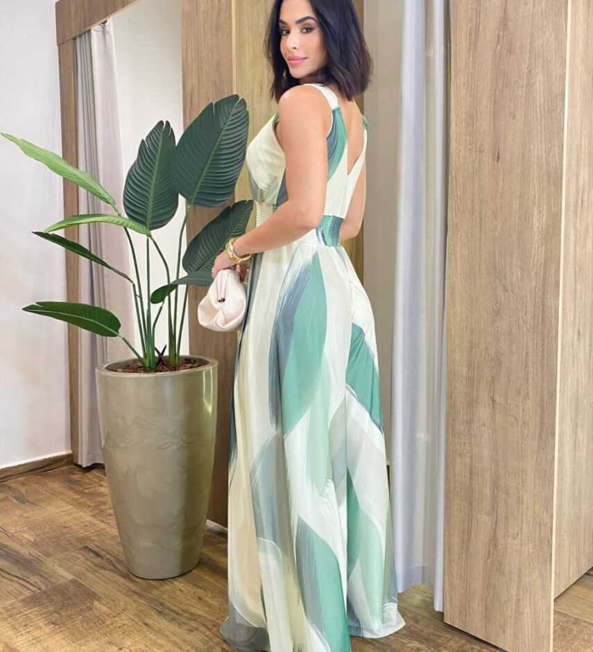 Macacão Longo Ivana Tule sem Bojo com Lastex Estampado - Fernanda Ramos Store