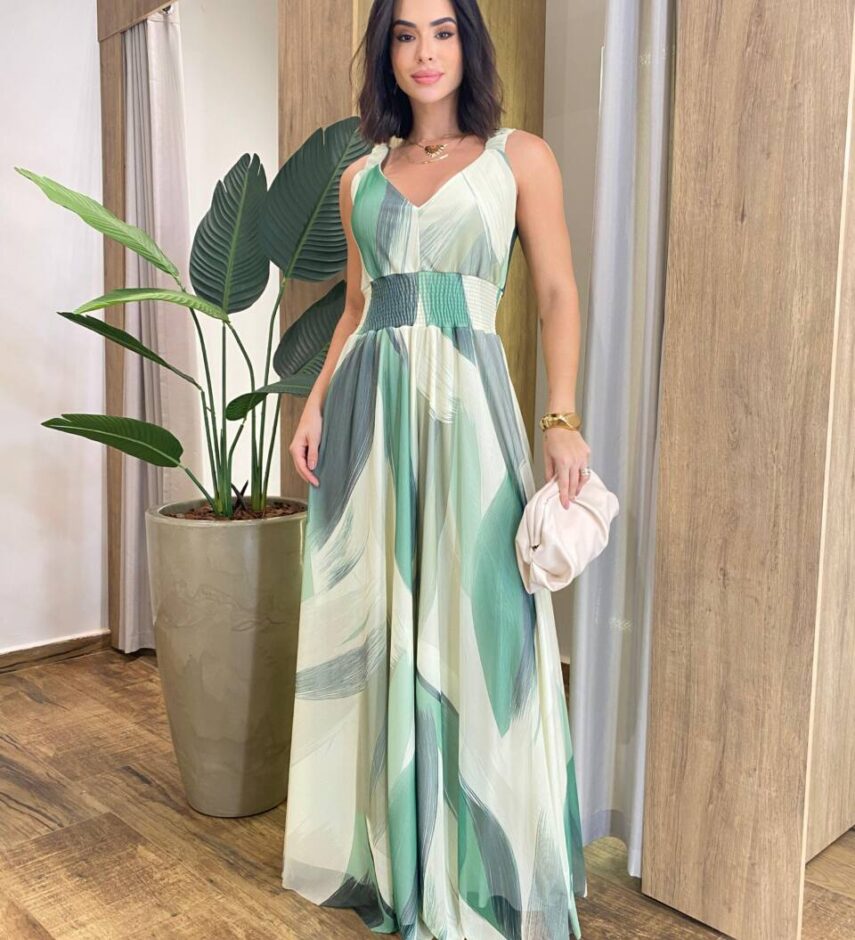 Macacão Longo Ivana Tule sem Bojo com Lastex Estampado - Fernanda Ramos Store