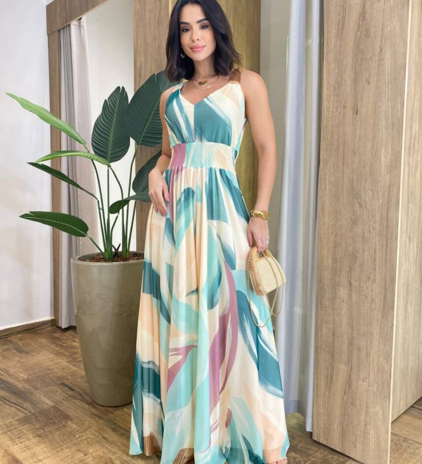 Macacão Longo Ivana Tule sem Bojo com Lastex Estampado Colorido - Fernanda Ramos Store