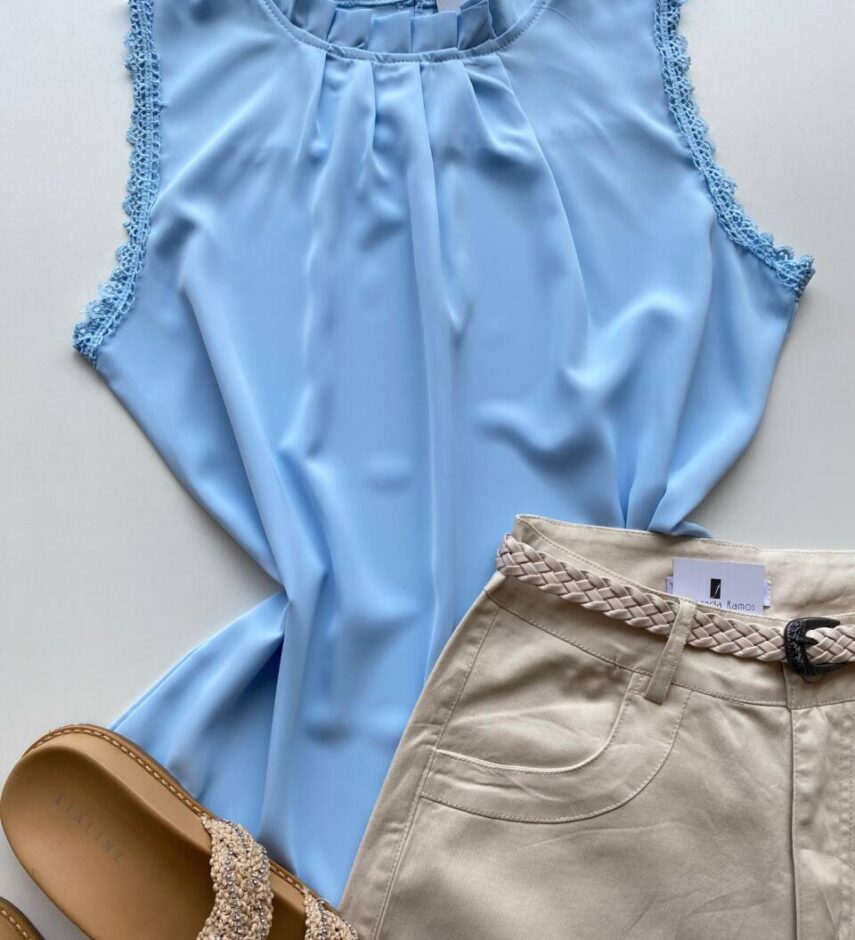 Regata Feminina Crepe Luna com Detalhe em Guipir Azul - Fernanda Ramos Store
