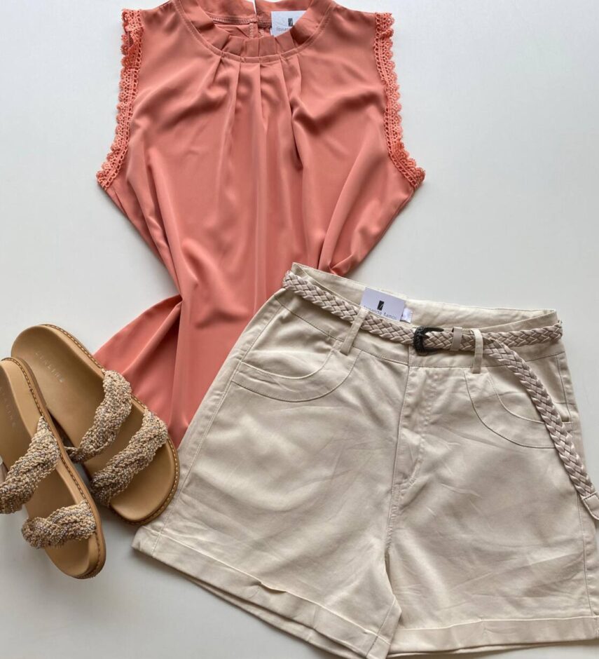 Regata Feminina Crepe Luna com Detalhe em Guipir Salmão - Fernanda Ramos Store