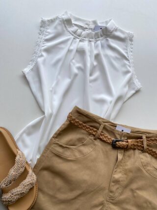 Regata Feminina Crepe Luna com Detalhe em Guipir Off White - Fernanda Ramos Store