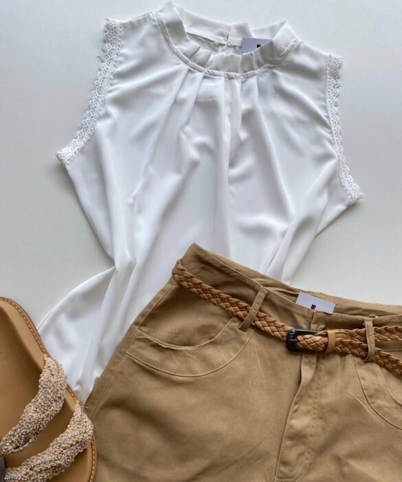 Regata Feminina Crepe Luna com Detalhe em Guipir Off White - Fernanda Ramos Store