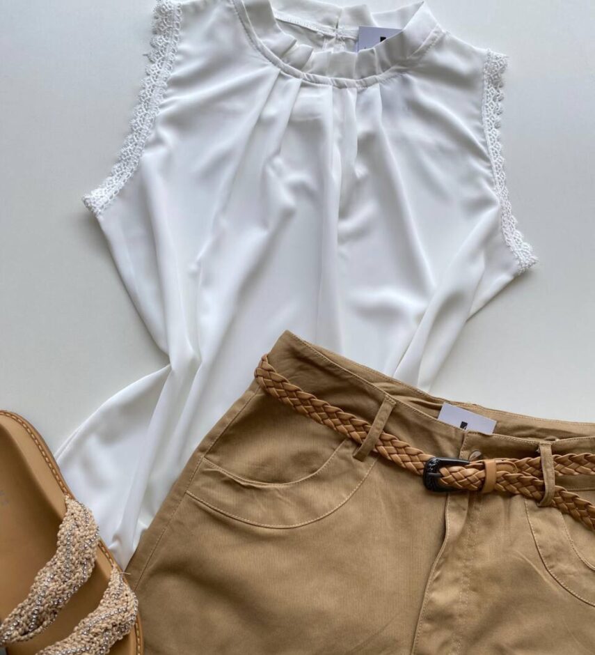 Regata Feminina Crepe Luna com Detalhe em Guipir Off White - Fernanda Ramos Store