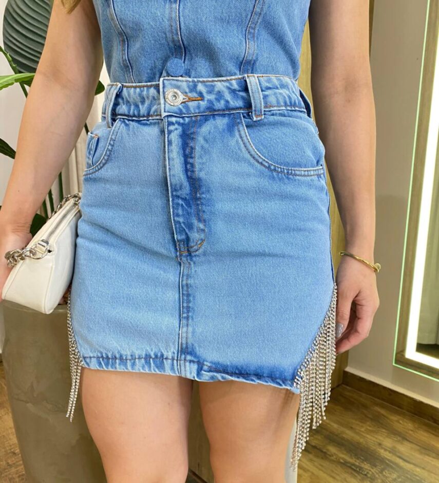 Saia Feminina Curta Ludy com Detalhe em Strass Jeans - Fernanda Ramos Store