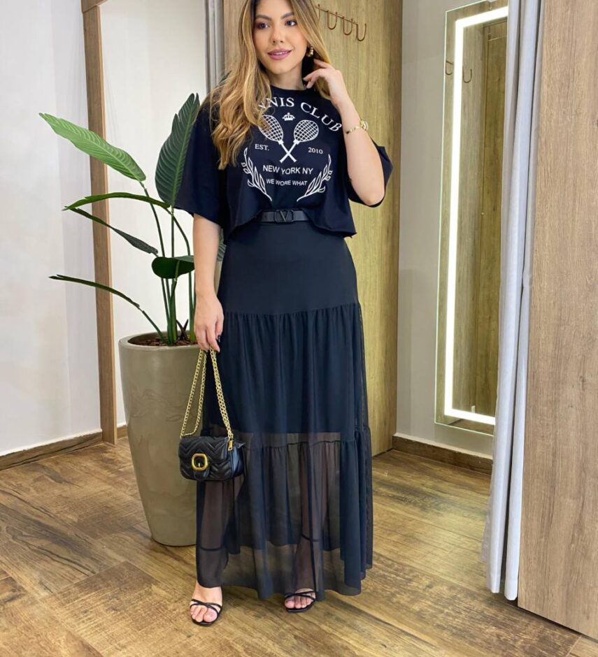 Saia Feminina Longa Maria Laura de Tule Preta - Fernanda Ramos Store