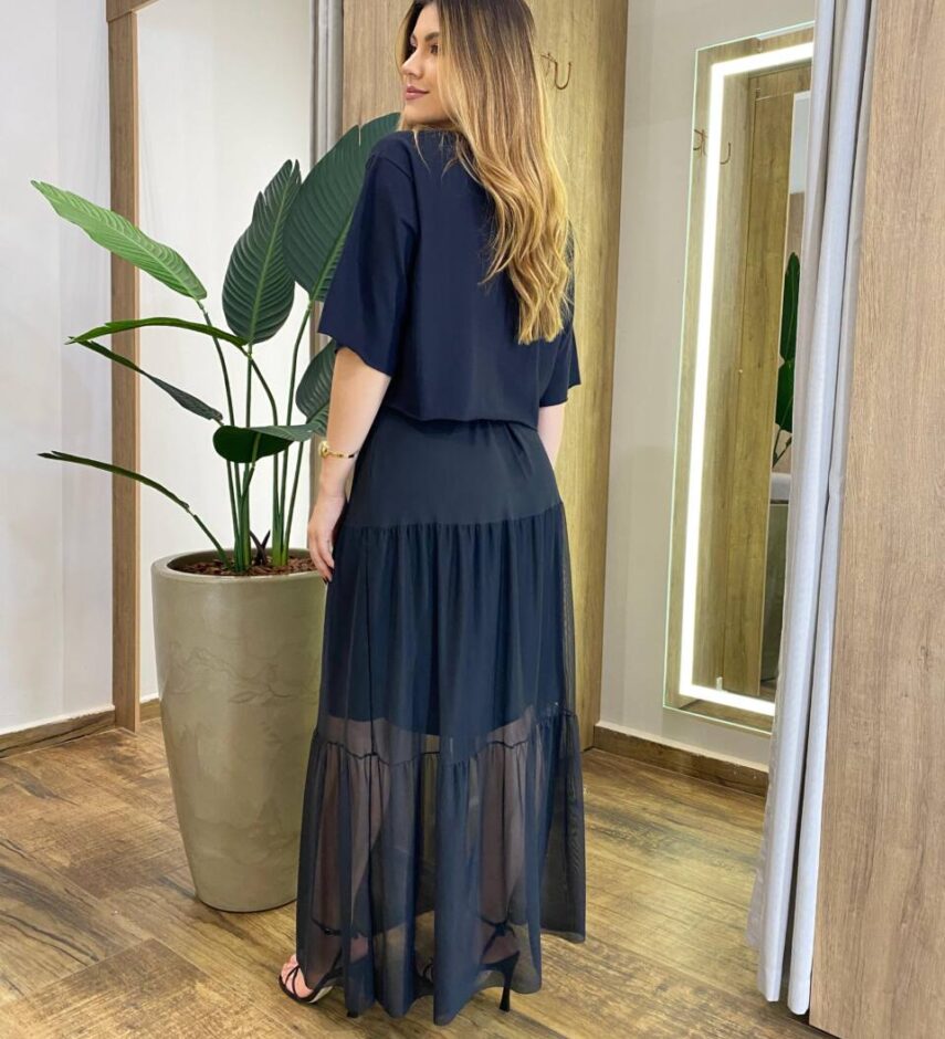 Saia Feminina Longa Maria Laura de Tule Preta - Fernanda Ramos Store