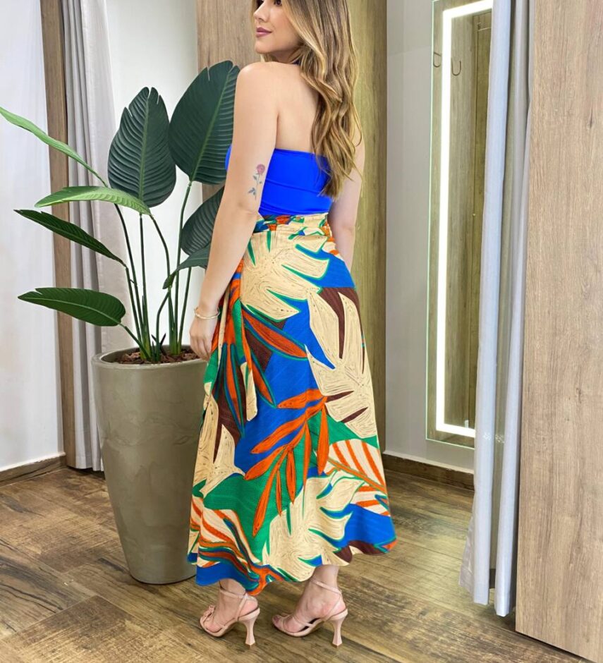 Saia Feminina Midi Envelope Nicole Azul Estampada - Fernanda Ramos Store