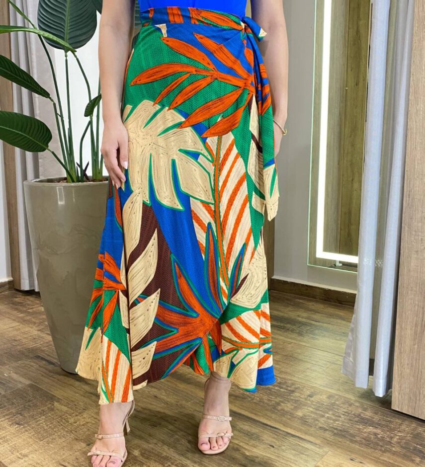 Saia Feminina Midi Envelope Nicole Azul Estampada - Fernanda Ramos Store