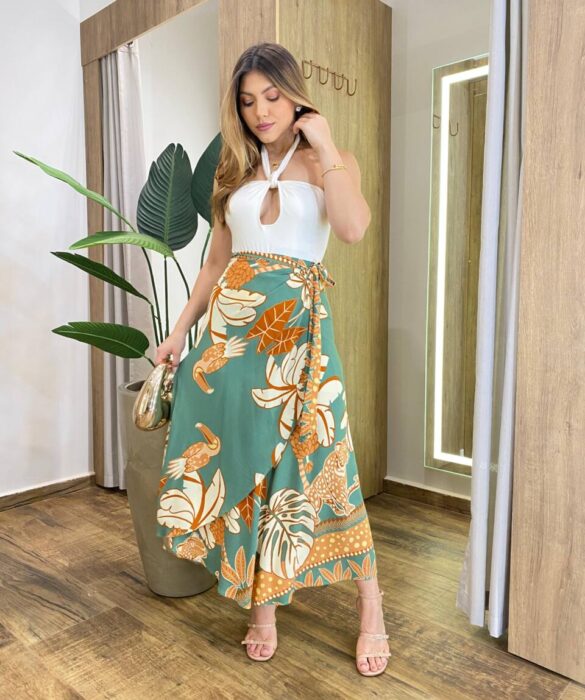 Saia Feminina Midi Envelope Nicole Verde Estampada - Fernanda Ramos Store