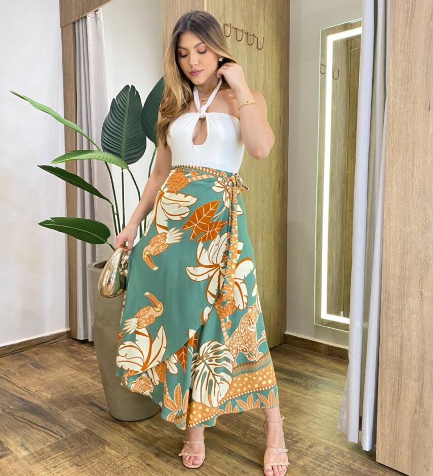 Saia Feminina Midi Envelope Nicole Verde Estampada - Fernanda Ramos Store
