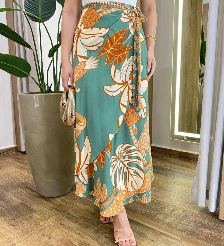 Saia Feminina Midi Envelope Nicole Verde Estampada - Fernanda Ramos Store