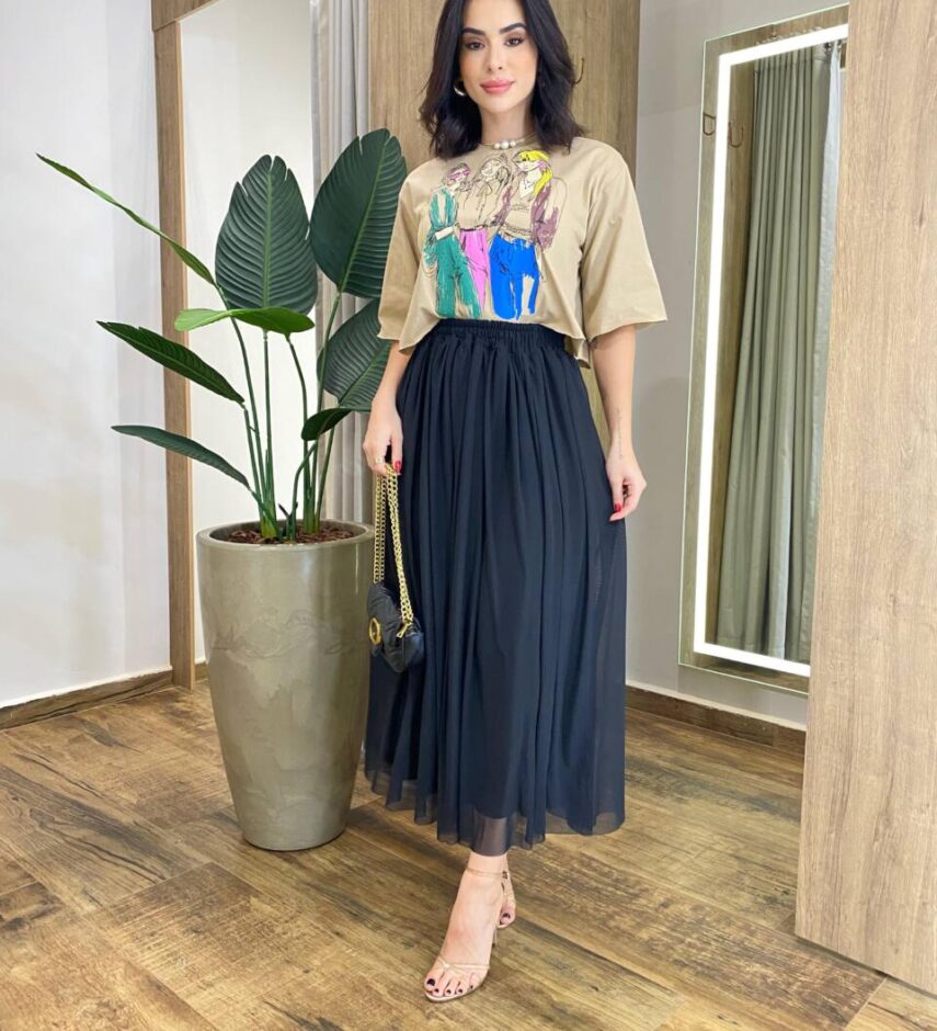 Saia Midi Feminina Angelina de Tule Preta - Fernanda Ramos Store