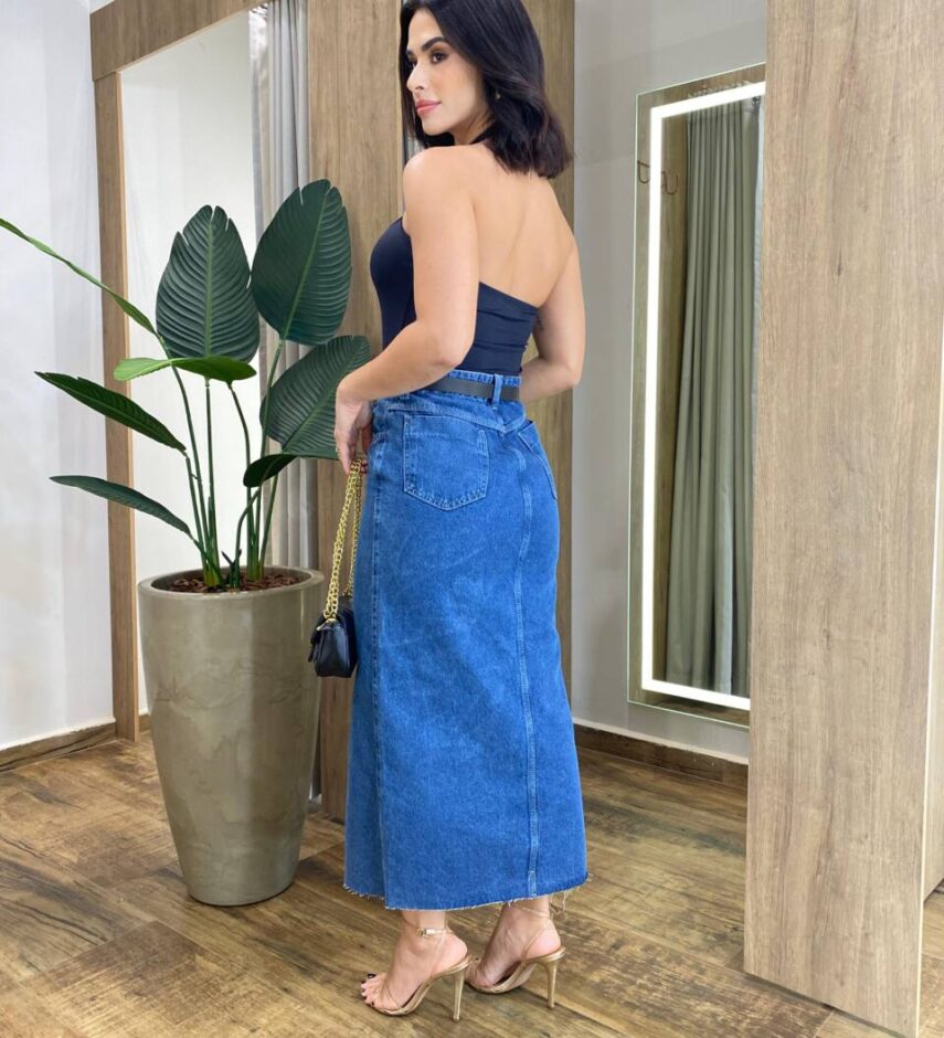 Saia Midi Feminina Jussara Jeans com Fenda Barra a Fio 441 - Fernanda Ramos Store