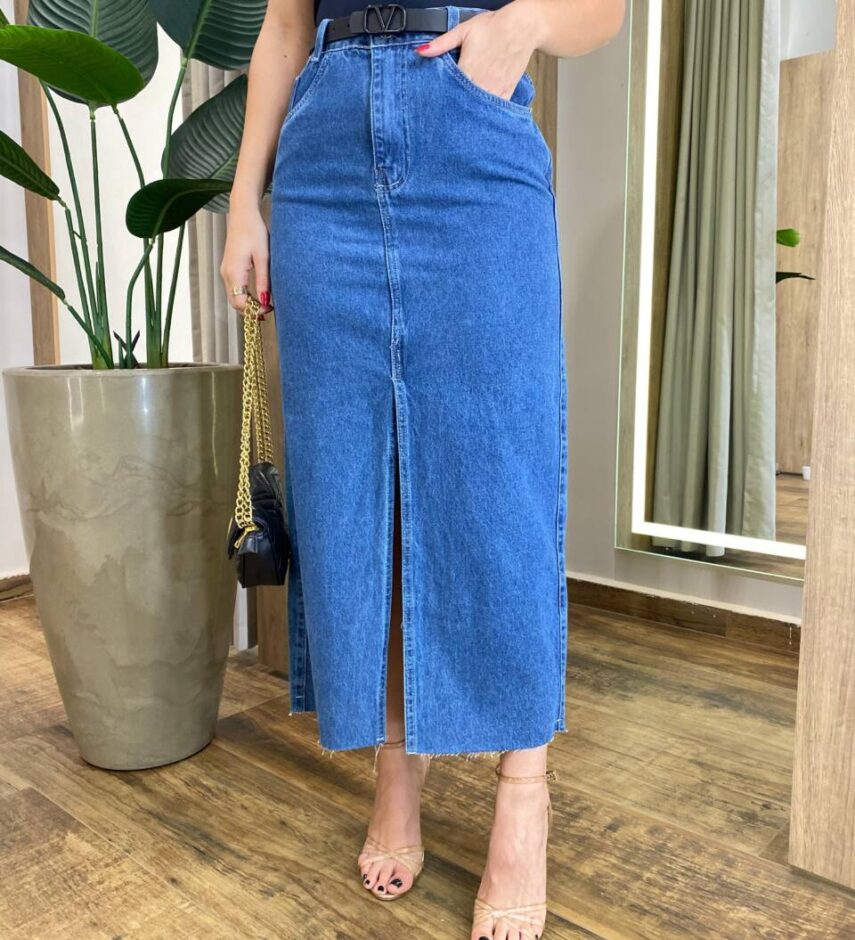 Saia Midi Feminina Jussara Jeans com Fenda Barra a Fio 441 - Fernanda Ramos Store