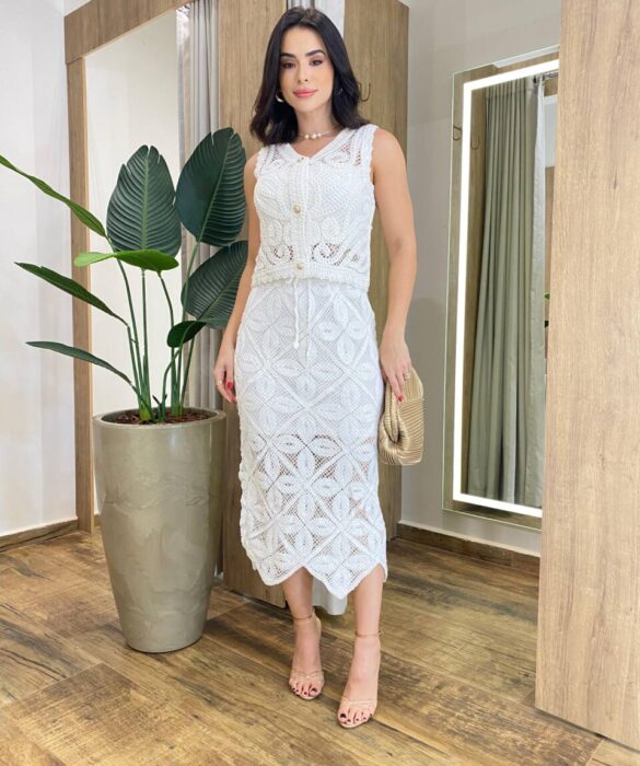 Saia Midi Feminina Katharine Crochê Off White - Fernanda Ramos Store