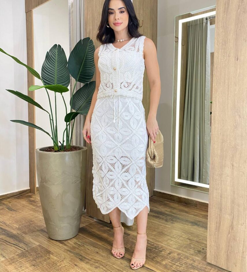 Saia Midi Feminina Katharine Crochê Off White - Fernanda Ramos Store