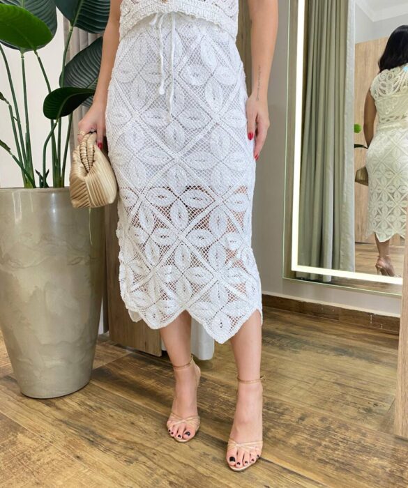 Saia Midi Feminina Katharine Crochê Off White - Fernanda Ramos Store