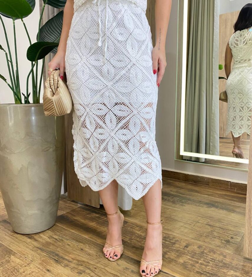 Saia Midi Feminina Katharine Crochê Off White - Fernanda Ramos Store